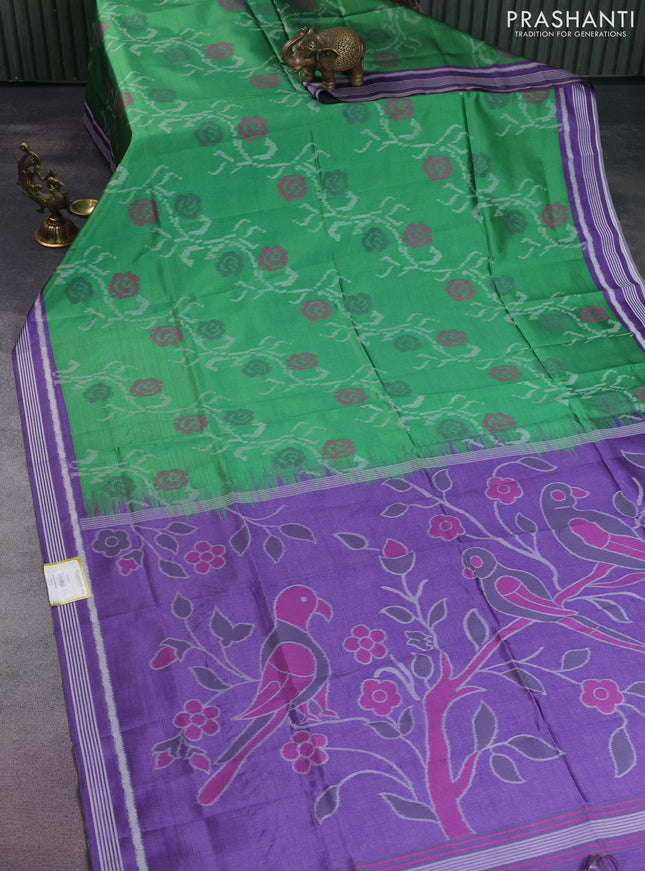 Sambalpuri semi silk saree green and violet with allover ikat weaves and thread woven border