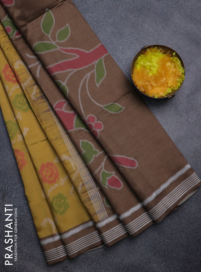Sambalpuri semi silk saree mustard yellow and brown with allover ikat weaves and thread woven border