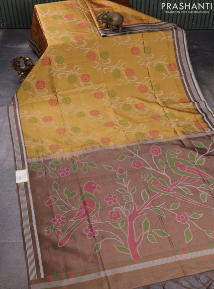 Sambalpuri semi silk saree mustard yellow and brown with allover ikat weaves and thread woven border