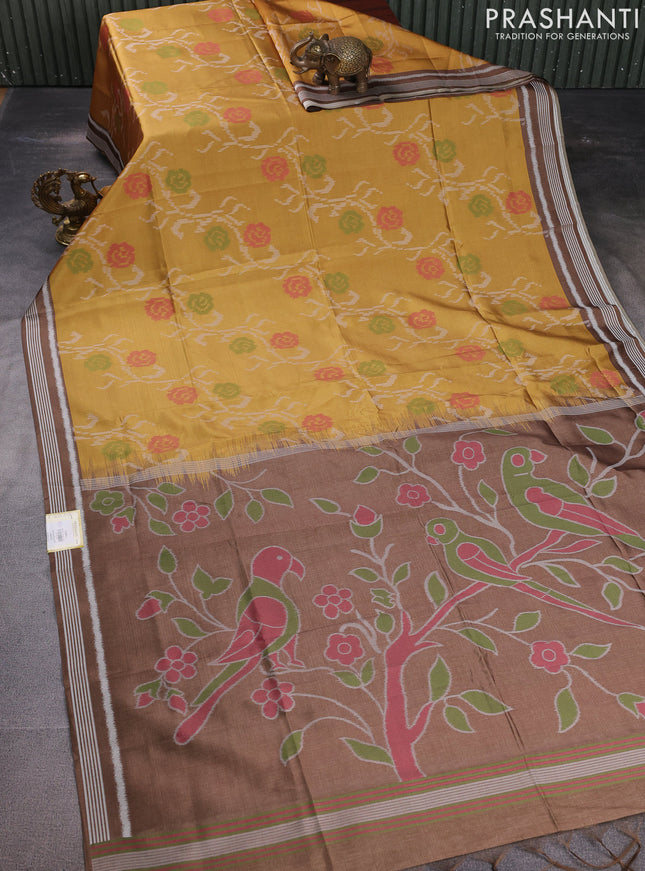 Sambalpuri semi silk saree mustard yellow and brown with allover ikat weaves and thread woven border