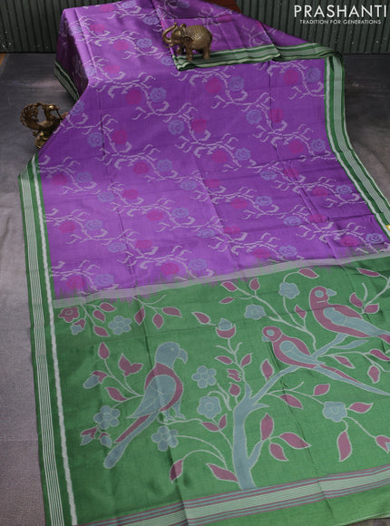 Sambalpuri semi silk saree purple and green with allover ikat weaves and thread woven border