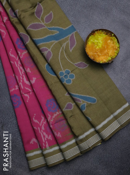 Sambalpuri semi silk saree pink and mehendi green with allover ikat weaves and thread woven border