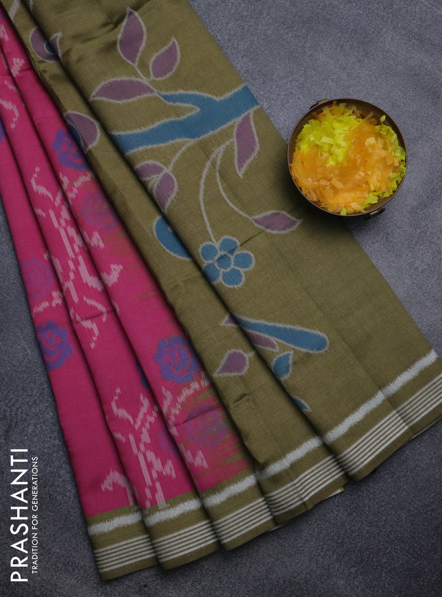 Sambalpuri semi silk saree pink and mehendi green with allover ikat weaves and thread woven border