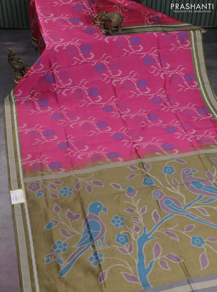 Sambalpuri semi silk saree pink and mehendi green with allover ikat weaves and thread woven border
