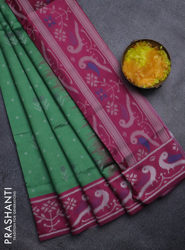 Sambalpuri semi silk saree green and pink with allover ikat weaves and thread woven border