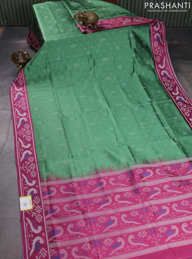 Sambalpuri semi silk saree green and pink with allover ikat weaves and thread woven border