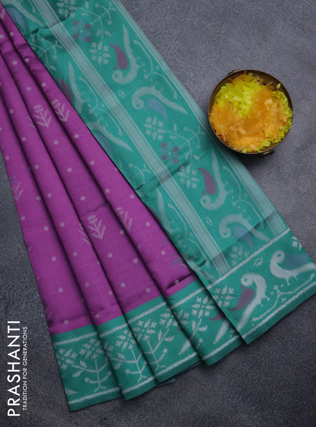Sambalpuri semi silk saree magenta pink and green with allover ikat weaves and thread woven border