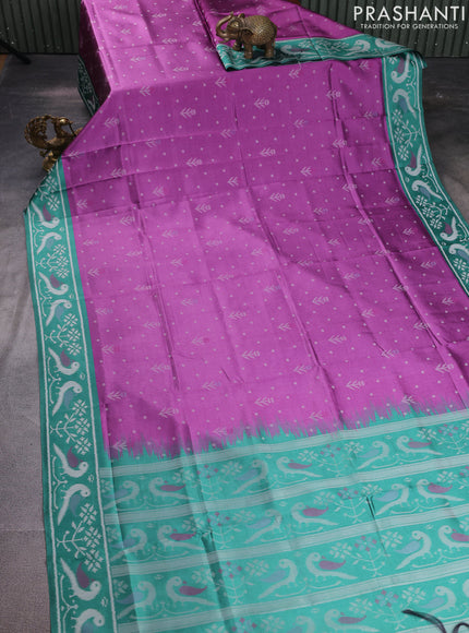 Sambalpuri semi silk saree magenta pink and green with allover ikat weaves and thread woven border