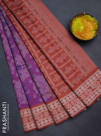 Sambalpuri semi silk saree purple and rustic orange with allover ikat weaves and thread woven border