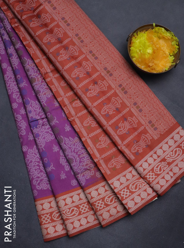 Sambalpuri semi silk saree purple and rustic orange with allover ikat weaves and thread woven border