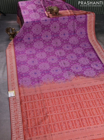 Sambalpuri semi silk saree purple and rustic orange with allover ikat weaves and thread woven border