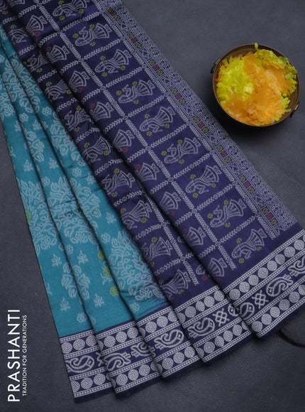 Sambalpuri semi silk saree teal green and navy blue with allover ikat weaves and thread woven border
