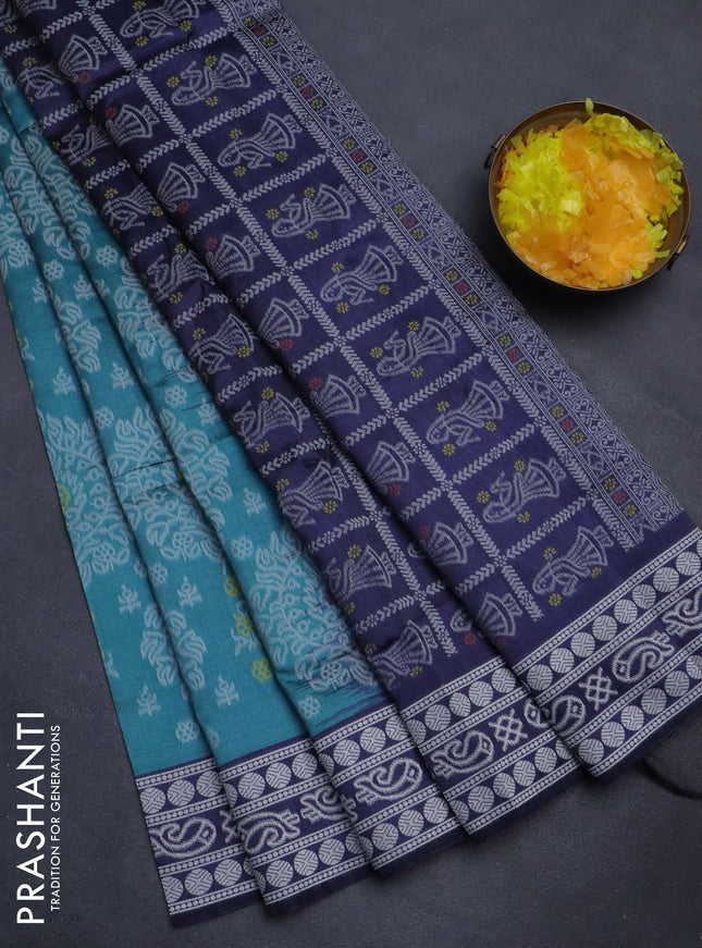 Sambalpuri semi silk saree teal green and navy blue with allover ikat weaves and thread woven border