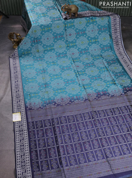 Sambalpuri semi silk saree teal green and navy blue with allover ikat weaves and thread woven border