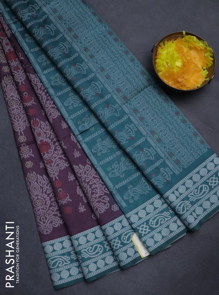 Sambalpuri semi silk saree wine shade and peacock blue with allover ikat weaves and thread woven border
