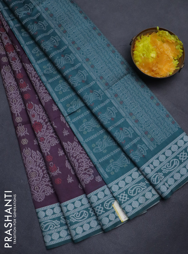 Sambalpuri semi silk saree wine shade and peacock blue with allover ikat weaves and thread woven border