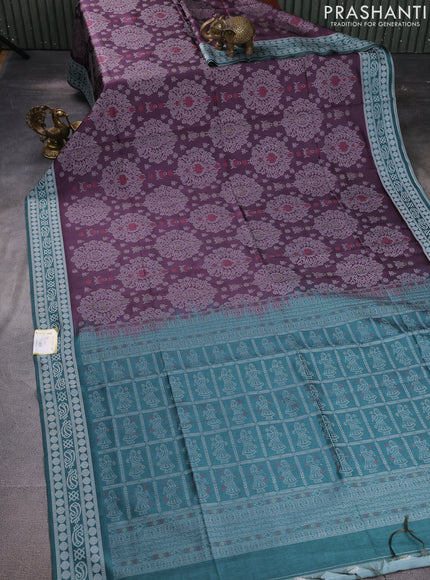 Sambalpuri semi silk saree wine shade and peacock blue with allover ikat weaves and thread woven border