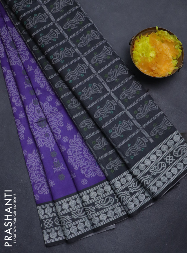 Sambalpuri semi silk saree violet and elephant grey with allover ikat weaves and thread woven border