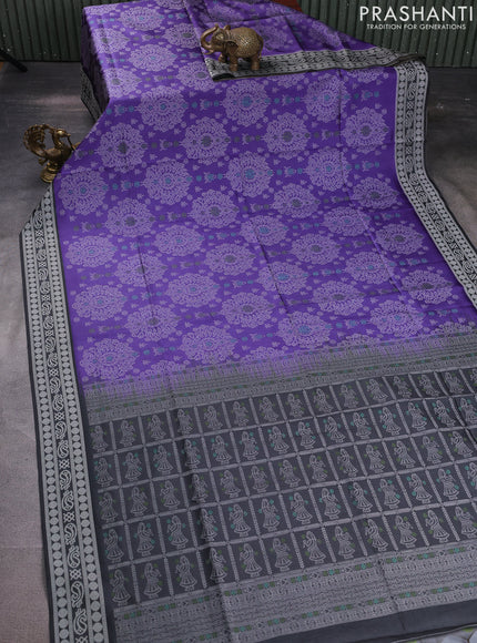 Sambalpuri semi silk saree violet and elephant grey with allover ikat weaves and thread woven border