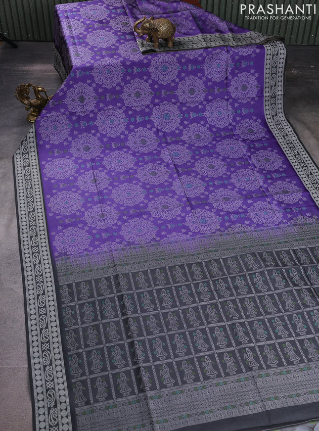 Sambalpuri semi silk saree violet and elephant grey with allover ikat weaves and thread woven border