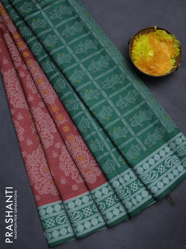 Sambalpuri semi silk saree pastel maroon and green with allover ikat weaves and thread woven border