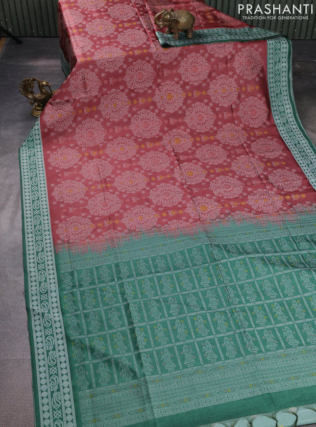 Sambalpuri semi silk saree pastel maroon and green with allover ikat weaves and thread woven border