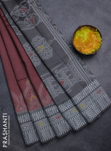 Sambalpuri semi silk saree pastel maroon and grey with thread woven buttas and ikat weaveing pallu