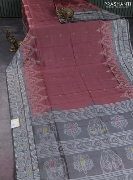 Sambalpuri semi silk saree pastel maroon and grey with thread woven buttas and ikat weaveing pallu