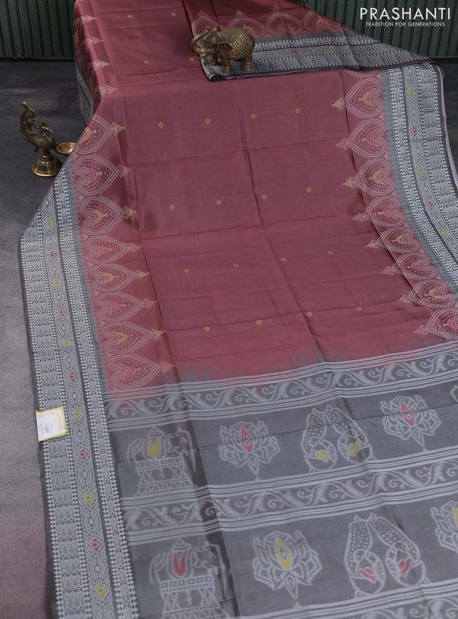 Sambalpuri semi silk saree pastel maroon and grey with thread woven buttas and ikat weaveing pallu