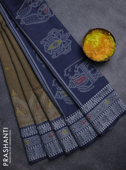 Sambalpuri semi silk saree olive green and navy blue with thread woven buttas and ikat weaveing pallu
