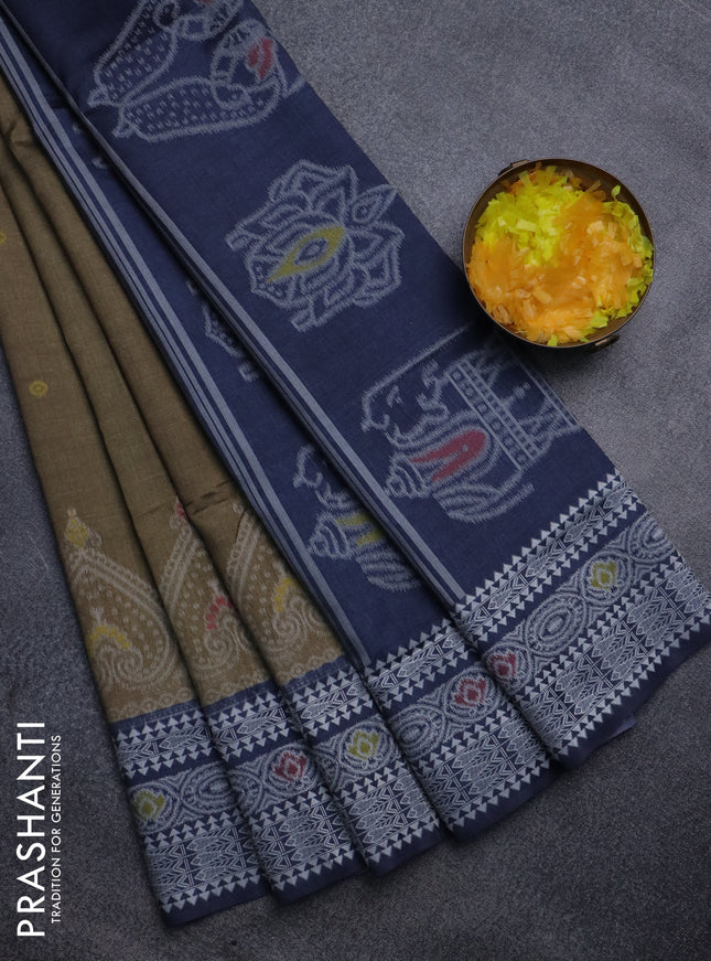 Sambalpuri semi silk saree olive green and navy blue with thread woven buttas and ikat weaveing pallu