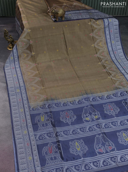 Sambalpuri semi silk saree olive green and navy blue with thread woven buttas and ikat weaveing pallu