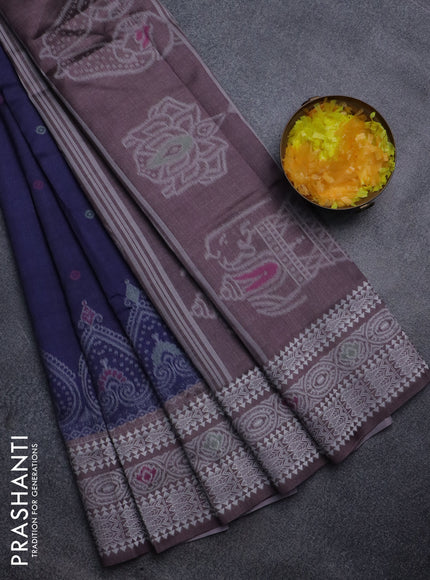 Sambalpuri semi silk saree dark blue and brown with thread woven buttas and ikat weaveing pallu