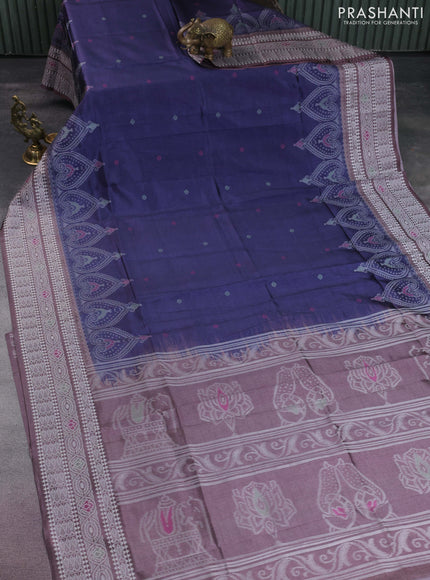 Sambalpuri semi silk saree dark blue and brown with thread woven buttas and ikat weaveing pallu