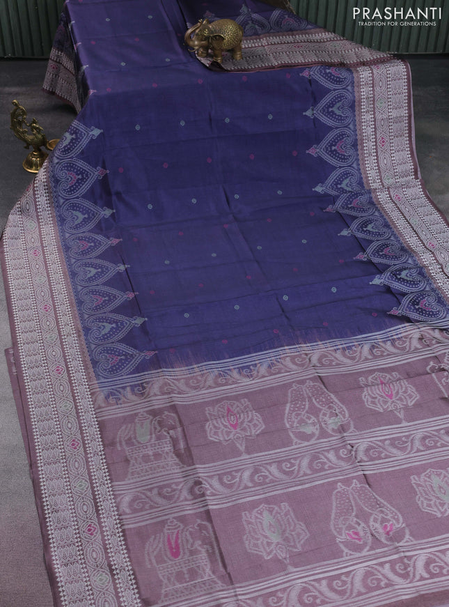 Sambalpuri semi silk saree dark blue and brown with thread woven buttas and ikat weaveing pallu