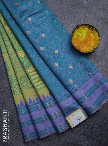 Sambalpuri semi silk saree lime yellow and lavender with allover thread weaves and thread woven border