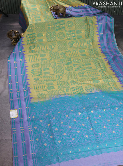 Sambalpuri semi silk saree lime yellow and lavender with allover thread weaves and thread woven border