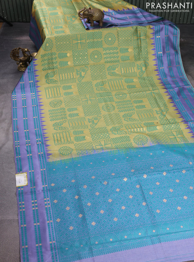 Sambalpuri semi silk saree lime yellow and lavender with allover thread weaves and thread woven border