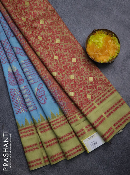 Sambalpuri semi silk saree pastel blue and pale yellow with allover thread weaves and thread woven border