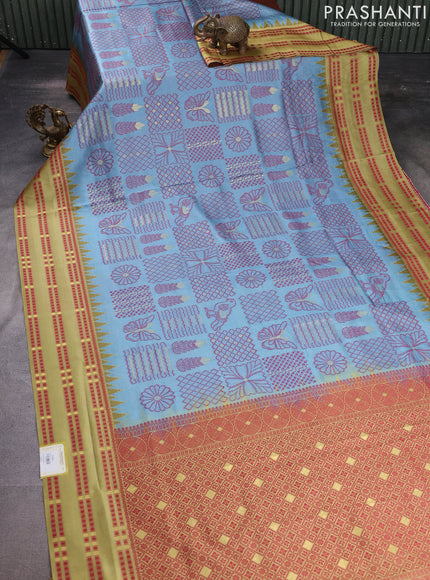 Sambalpuri semi silk saree pastel blue and pale yellow with allover thread weaves and thread woven border
