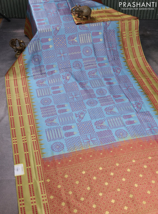 Sambalpuri semi silk saree pastel blue and pale yellow with allover thread weaves and thread woven border