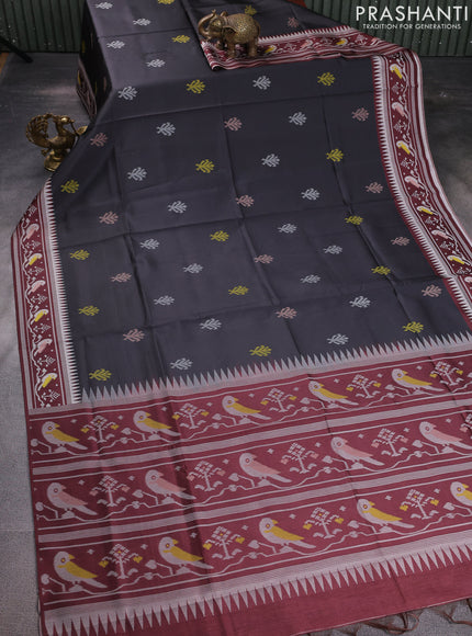 Sambalpuri semi silk saree elephant grey and deep maroon with allover ikat weaves and thread woven border