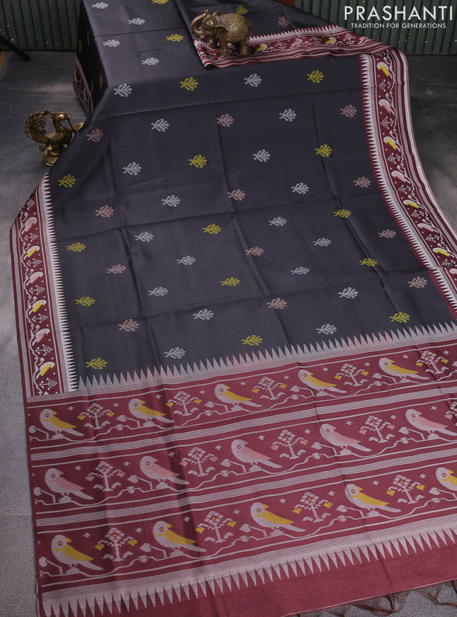 Sambalpuri semi silk saree elephant grey and deep maroon with allover ikat weaves and thread woven border