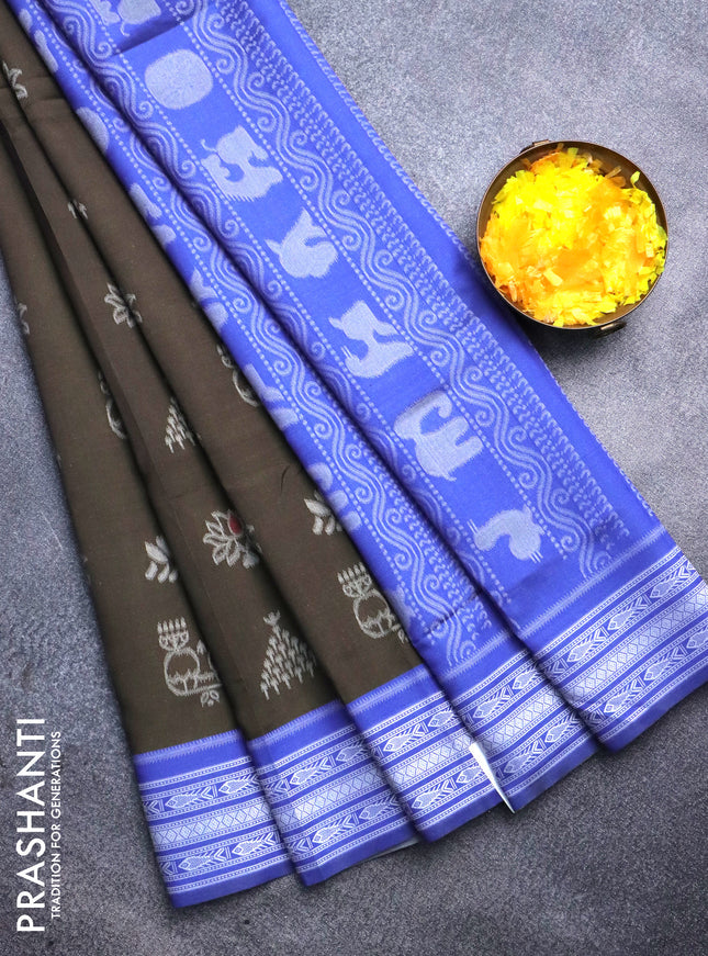 Sambalpuri semi silk saree dark sap green and blue with allover ikat weaves and thread woven border