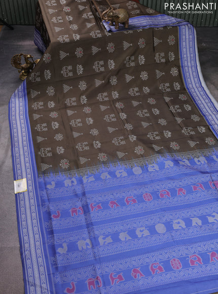 Sambalpuri semi silk saree dark sap green and blue with allover ikat weaves and thread woven border