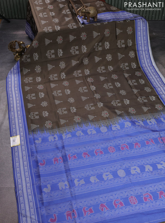 Sambalpuri semi silk saree dark sap green and blue with allover ikat weaves and thread woven border