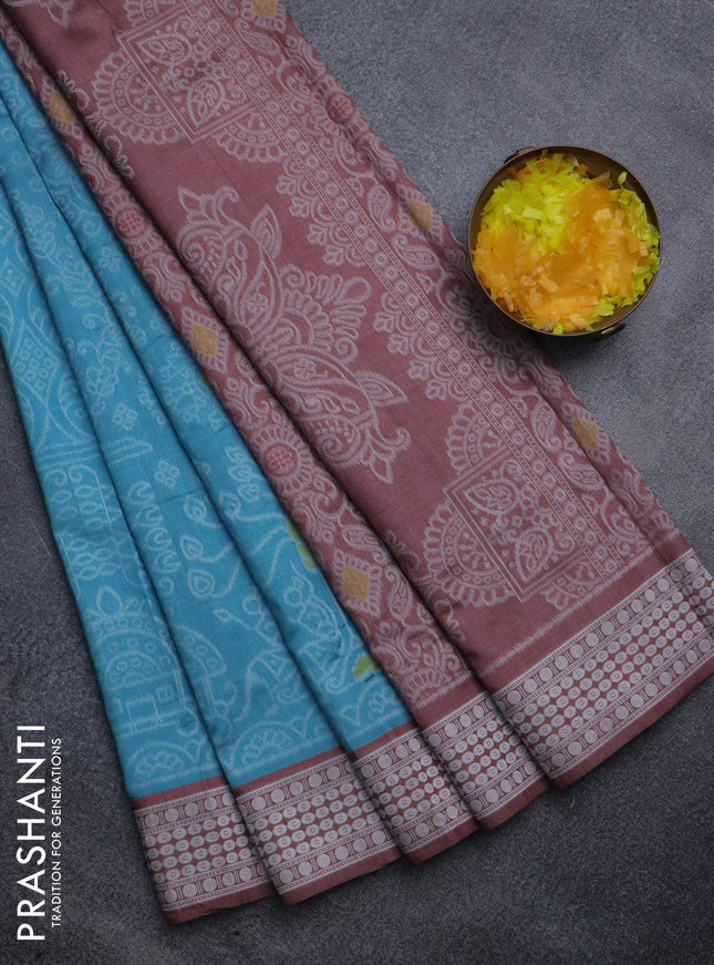 Sambalpuri semi silk saree light blue and brown with allover ikat weaves and thread woven border