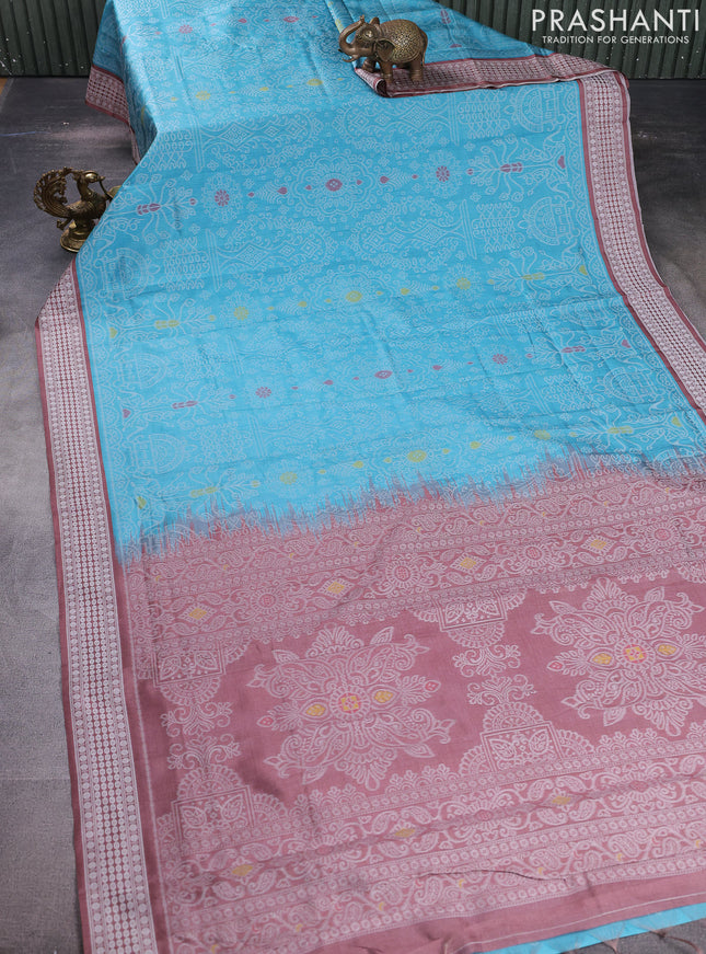 Sambalpuri semi silk saree light blue and brown with allover ikat weaves and thread woven border