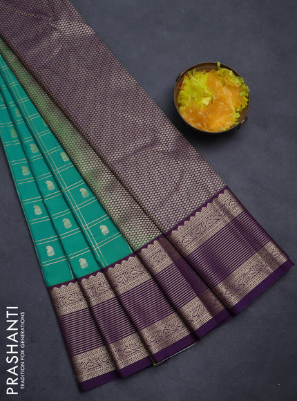 Semi kanchipuram silk saree teal green and violet with allover zari checks & buttas and zari woven korvai border