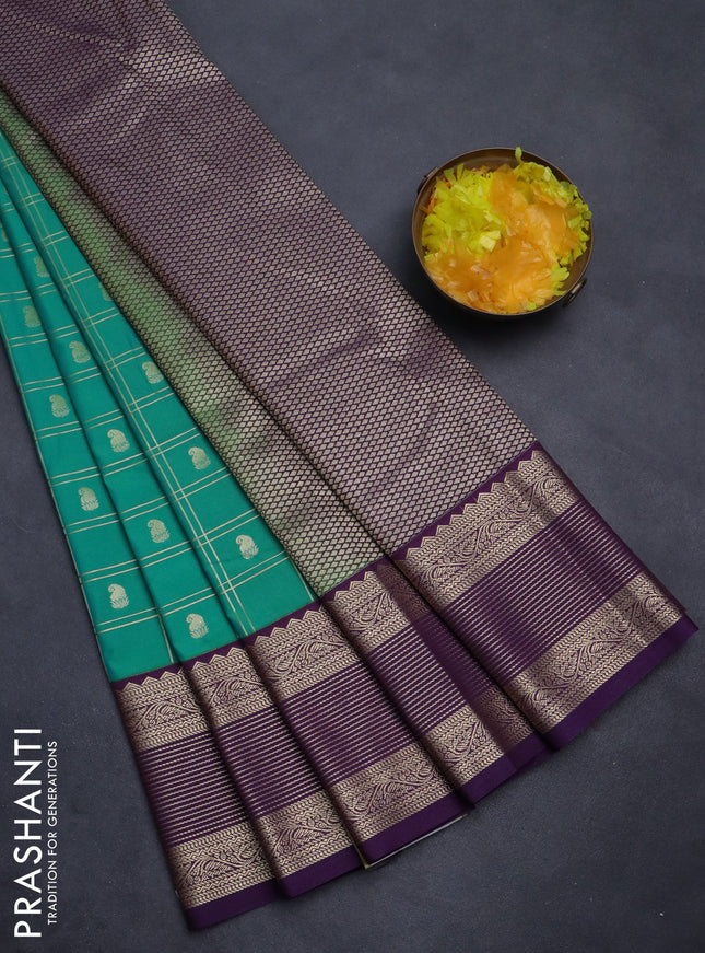 Semi kanchipuram silk saree teal green and violet with allover zari checks & buttas and zari woven korvai border